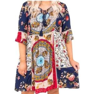 Oddy Boho  Patchwork Peasant Hippie Babydoll Dress Size 2X Fits like 1X
